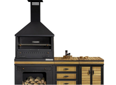 Elegante schwarze Außenküche aus Holz und Edelstahl