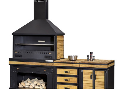 Elegante Außenküche aus Holz und Edelstahl in Schwarz