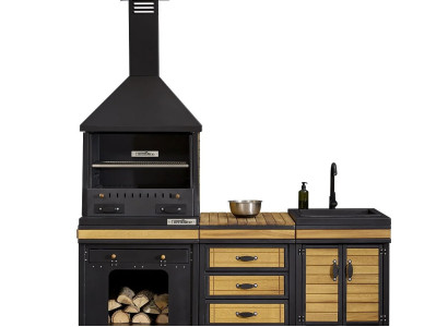 Moderne Außenküche in Schwarz aus Holz und Edelstahl