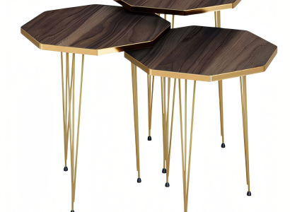 Elegantes braunes Couchtisch-Set aus Holz und Edelstahl