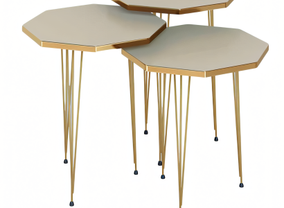 Edles Beiges Couchtisch-Set aus Holz und Edelstahl, modern