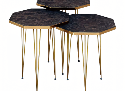 Elegantes braunes Couchtisch-Set aus Holz und Edelstahl