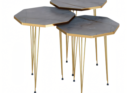 Elegantes graues Couchtisch-Set aus Holz und Edelstahl