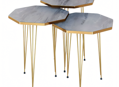 Elegantes graues Couchtisch-Set aus Holz und Edelstahl