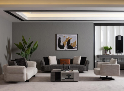 Moderner beige-grauer Wohnzimmer Set aus Textil und Holz