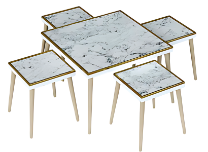 Eleganter weißer Couchtisch mit Beistelltischen aus Holz und Edelstahl