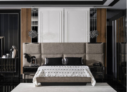 Elegantes graues Bett mit Nachttischen aus Holz und Textil