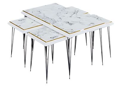 Eleganter weißer Couchtisch mit Beistelltischen aus MDF und Edelstahl