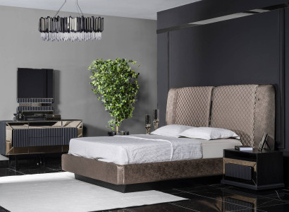 Elegantes graues Holz-Möbelset für Schlafzimmer mit Bett, Nachttischen