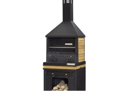Schwarzer Grillkamin aus Holz und Edelstahl für Garten und Terrasse