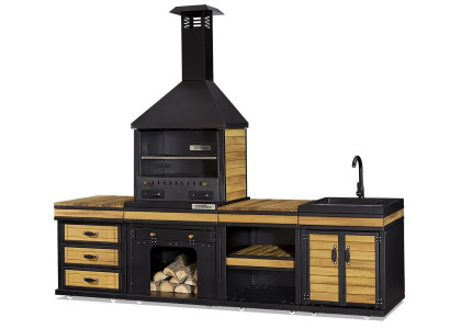 Elegante Außenküche aus Holz und Edelstahl in Schwarz