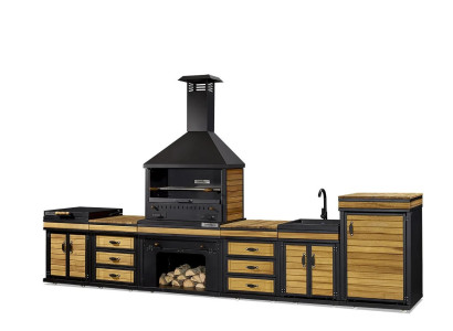 Elegante Außenküche in Schwarz aus Holz und Edelstahl