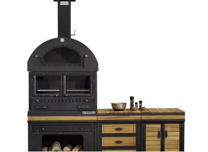 Elegante Außenküche aus Edelstahl und Holz in Schwarz