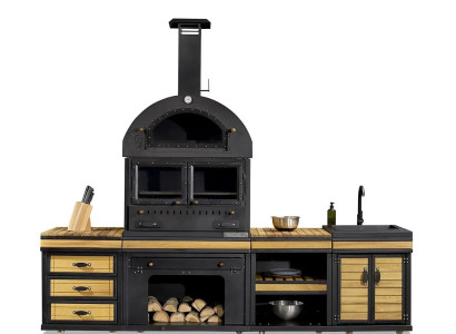Elegante schwarze Außenküche aus Holz und Edelstahl für Garten