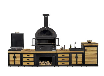Moderne Außenküche aus Holz und Edelstahl in Schwarz