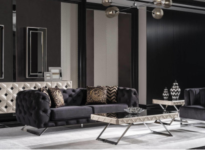 Schwarzes Holz-Textil-Metall 2-teiliges Wohnzimmer-Set mit Sofa