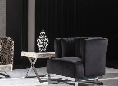 Moderner schwarzer Holz-Textil Sessel mit Metallrahmen