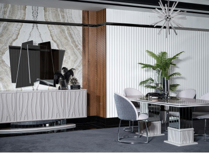 Elegantes weißes Esszimmer Set aus Holz mit Spiegel und Sideboard