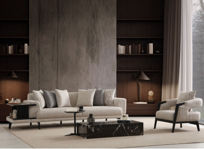 Moderner Beigefarbener Wohnzimmer-Set aus Holz mit Sofa und Sessel