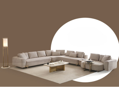 Elegantes Beige U-Form Ecksofa aus Textil und Holz
