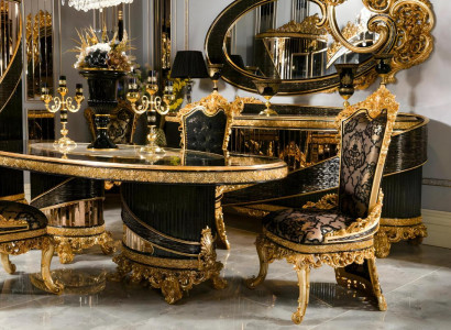 Elegantes 10-tlg. Esszimmer Set aus Holz und Glas in Schwarz-Gold