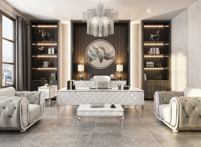 Elegantes Arbeitszimmer-Set mit weißen Holz-Textil Möbeln