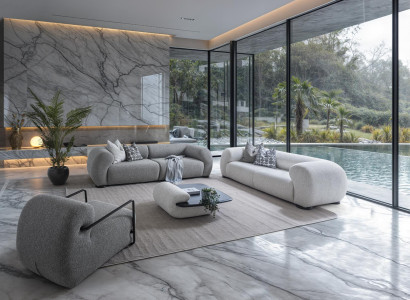 Moderner Wohnzimmer Set aus Textil in Grau mit Holzdetails