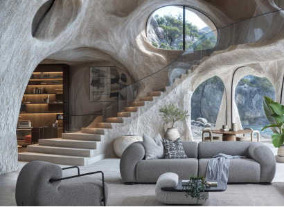 Elegantes Wohnzimmer Set aus Holz und Textil in Grau