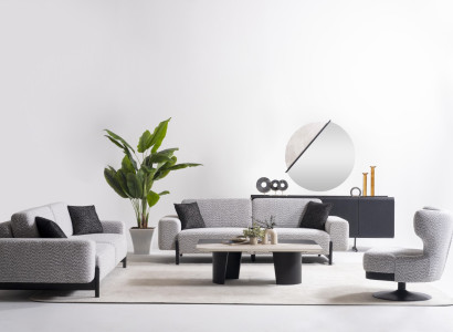 Grau Holz- und Metallsofa-Set mit Couchtisch für modernes Wohnzimmer