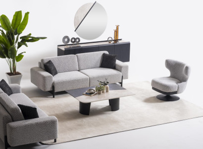 Moderner grauer Wohnzimmer Set aus Holz und Textil