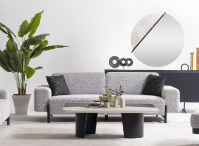 Graues Wohnzimmer Set aus Textil und Holz, modernes Design
