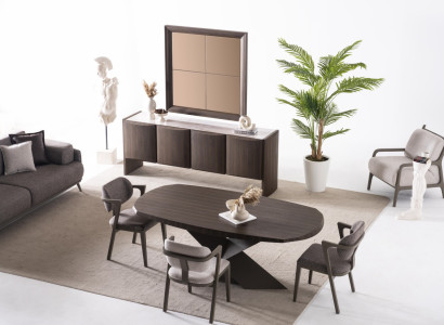 Elegantes braunes Holz Esszimmer Set mit Tisch, Stühlen, Sideboard