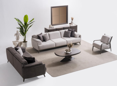 Moderner brauner Holzwohnzimmerset 6-teilig mit Sofa, Sideboard