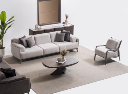 Moderner grauer Holzwohnzimmerset 5-teilig mit Sofa, Couchtisch