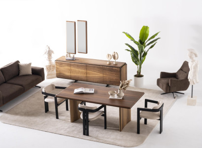 Elegantes braunes 7-tlg. Esszimmer Set aus Holz mit Esstisch, Stühlen