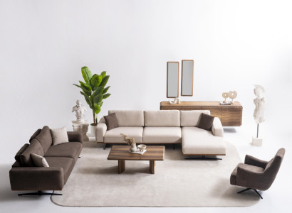 Modernes Wohnzimmer Set aus Holz in Braun mit L-Form, Sofa, Sessel