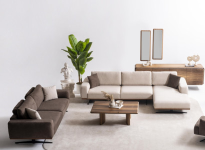 Moderner brauner Wohnzimmer Set aus Textil mit L-förmigem Ecksofa