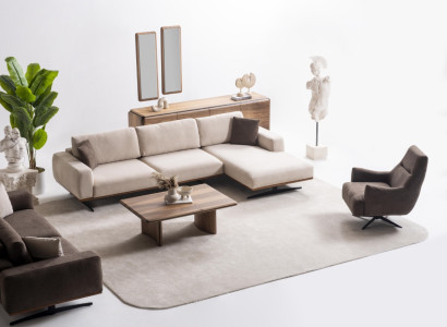Moderner brauner Textil-Ecksofa mit Sessel im stilvollen Design