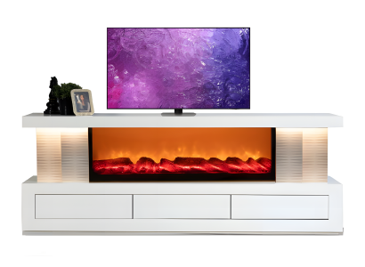 Modernes TV-Lowboard mit integriertem Kamin und Stauraumfächern