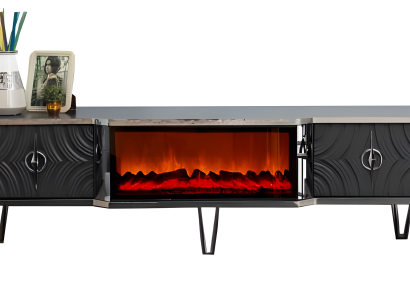 Stylischer grauer TV-Schrank mit Kamin und realistischen Flammen