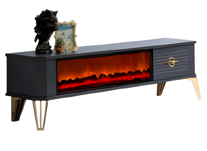 Exklusiver TV-Schrank mit goldenen Details Schublade mit Metallgriff und Kamin