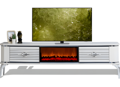 Multifunktionaler TV-Schrank mit Kamin und zwei Schubladen mit Metallgriffen