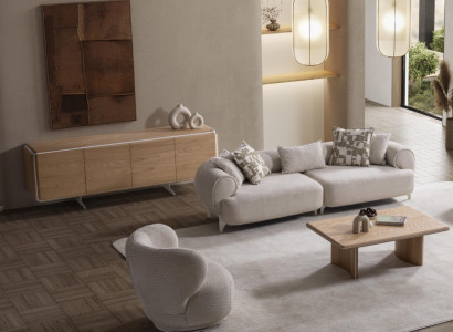 Moderner Beigefarbener Wohnzimmer Set aus Holz und Textil