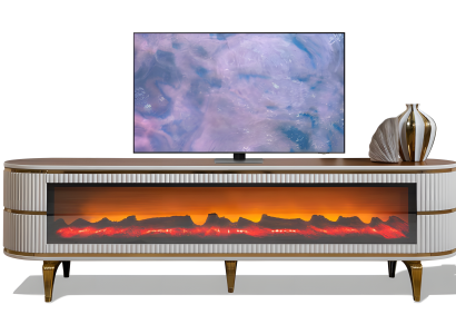 Ovaler TV-Lowboard mit Metallbeinen, beleuchtetem Kamin und Bluetooth