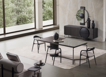 Schwarzes Esszimmer Set aus Holz mit 6 Stühlen, Sideboard und Spiegel