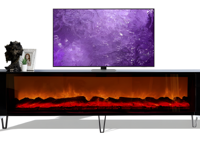 Luxuriöser TV-Schrank: Glasfronten, Beine aus Hartkunststoff  und Elektrokamin