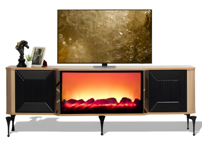Moderner TV-Kaminunterschrank mit Push-Open-Türen und LED-Beleuchtung