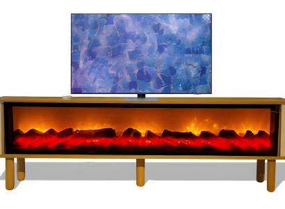 Formschöner TV-Schrank mit Holzbeinen wählbare Kaminfarbe, Musik via Bluetooth