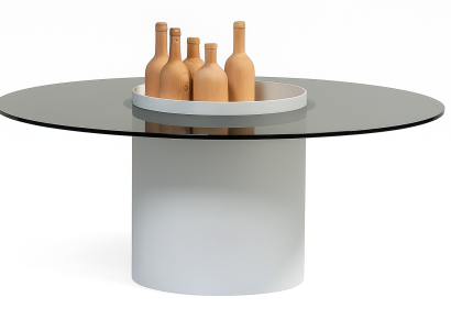 Runder Couchtisch mit zylindrischem Untergestell in Weiß und Glasplatte