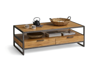 Couchtisch aus Holz und Metall mit praktischen Schubladen und offenem Regal